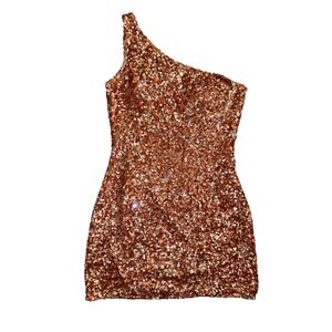 A6 Scala Sequin Mini Dress One Shoulder Silk Party Cocktail Bronze Size 6
